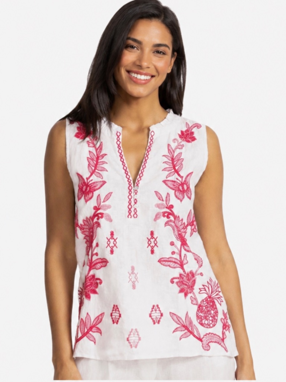 Johnny Was XS White Linen Tank with Red Embroidery Sleeveless Top V Neck Pretty!